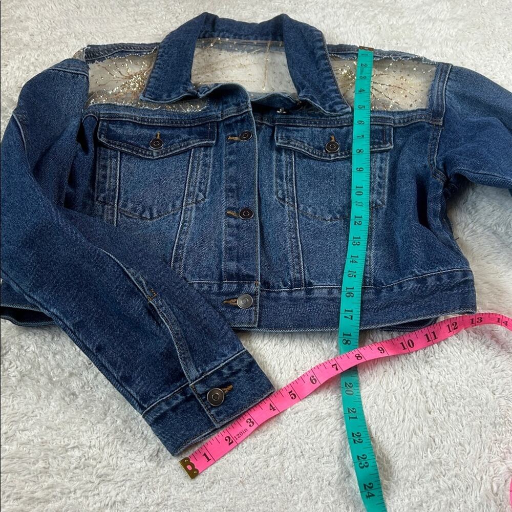 Denim and Sunshine Boho cropped sheer glitter denim Jacket, L - Picture 5 of 10